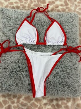 SHEIN White and Red Contrast Trim Triangle Bikini